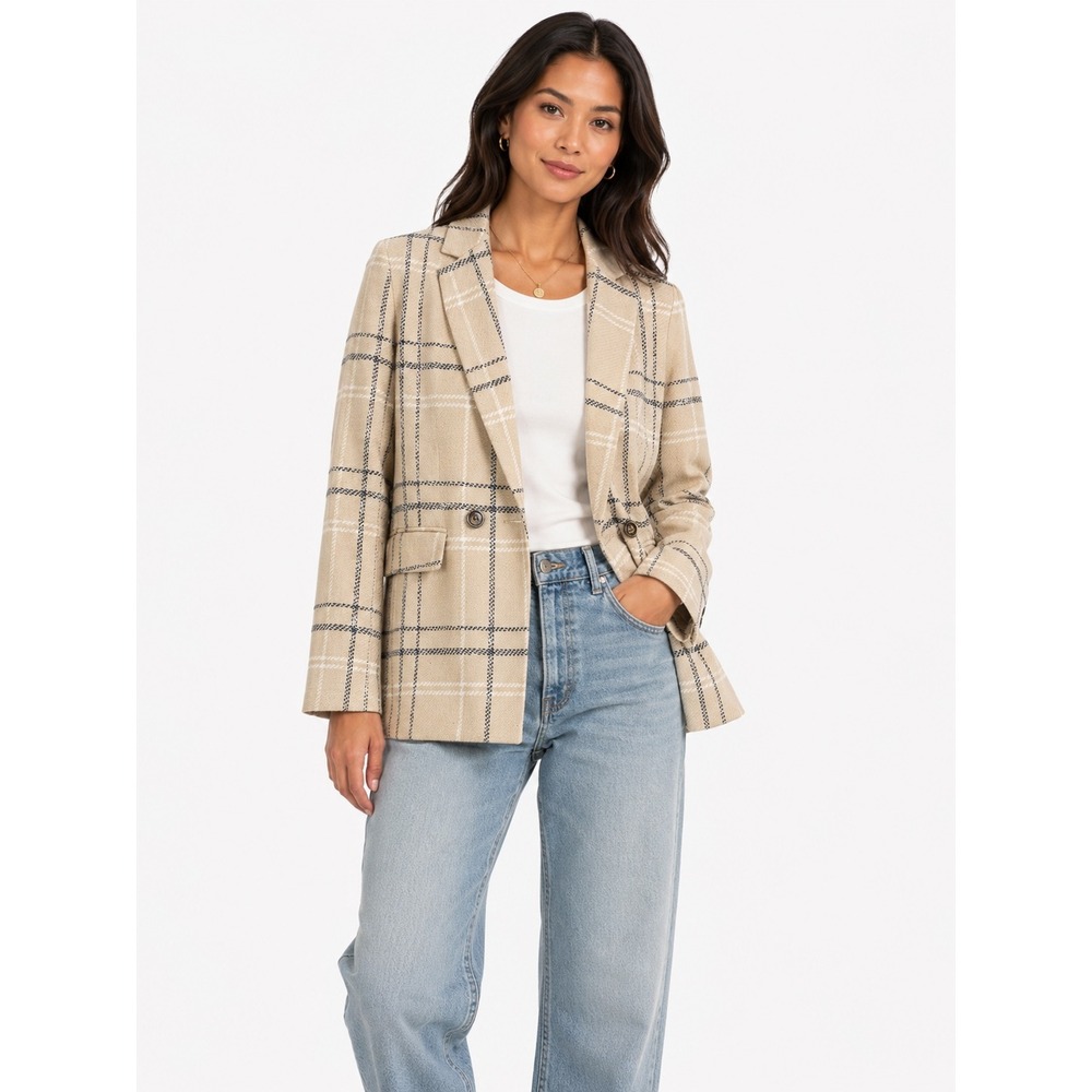 Ann Taylor Blazer Womens 6 Cream Navy Plaid Double Breasted Herringbone Academia
